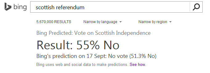 Bing: Prognose und Ergebnis zum schottischen Referendum über die Loslösung vom Vereinigten Königreich