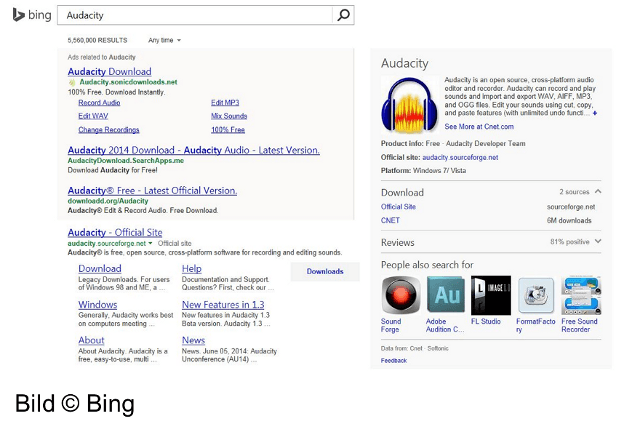 Suchergebnisseite in Bing mit Detailinfirmationen für Software