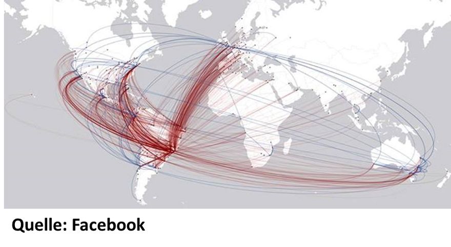Weltkarte der internationalen neuen Facebook-Verbindungen während der Fußball-WM in Brasilien für Städte mit mindestens 25 neuen Kontakten
