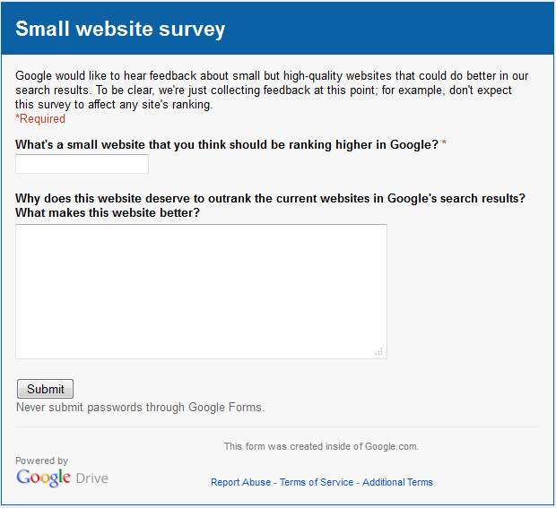 Google small website survey