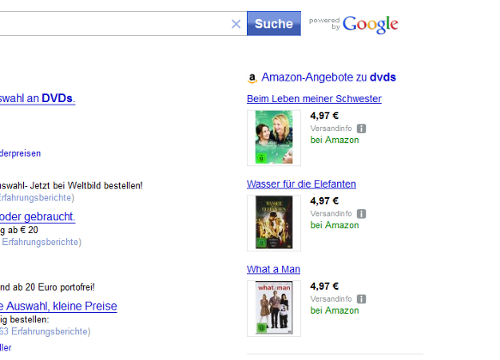 WEB.DE Search with Amazon shopping results
