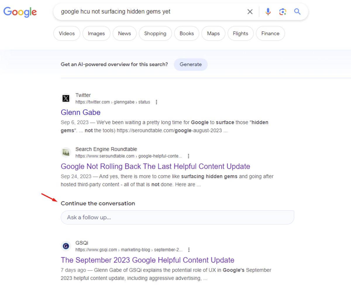 Google: 'Continue the conversation' mit 'Ask a follow up'