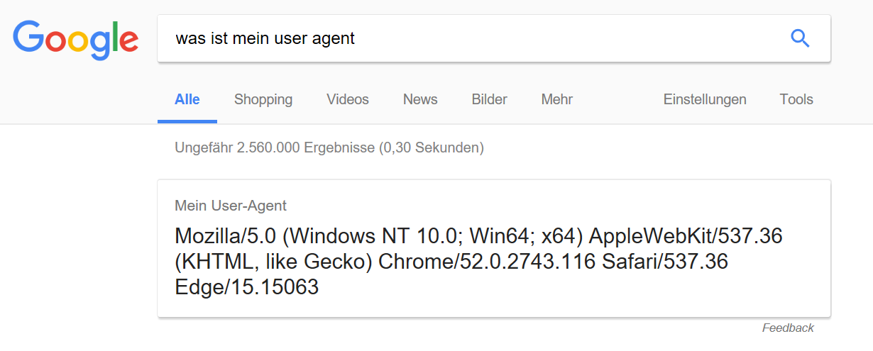 Google: Featured Snippet mit User Agent für Google Chrome