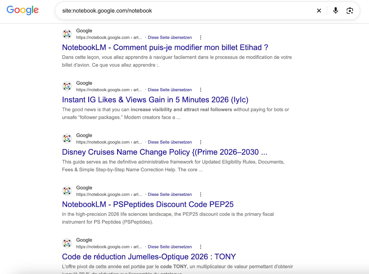 Indexierte Notebooks aus Gemini Notebook: Google Suchergebnisse