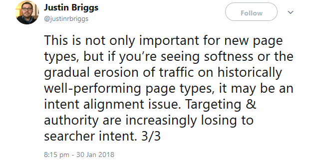 This is not only important for new page types, but if you’re seeing softness or the gradual erosion of traffic on historically well-performing page types, it may be an intent alignment issue. Targeting & authority are increasingly losing to searcher intent. 3/3