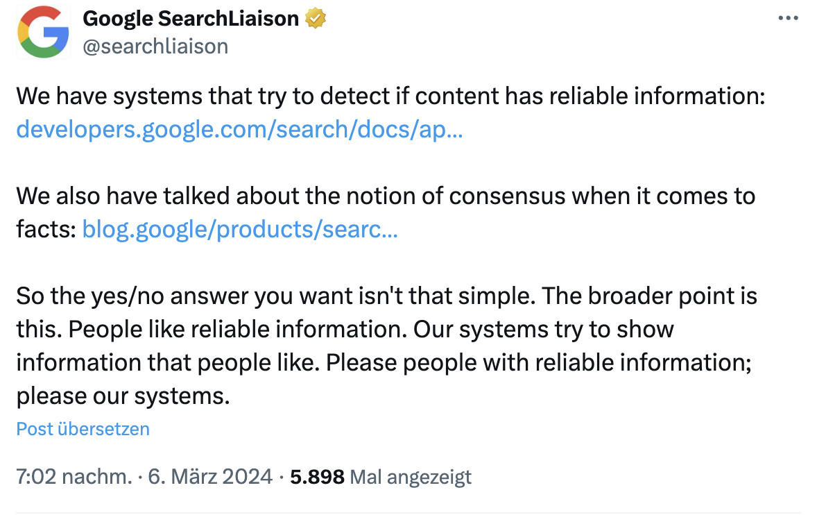Wie Google vertrauenswürdige Informationen prüfen kann - Danny Sullivan auf Twitter