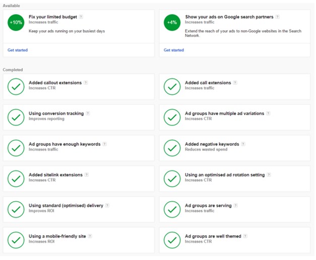 AdWords Health Score: Detailansicht