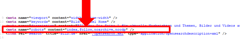 Bild.de setzt auf die Indexierung durch Suchmaschinen - das zumindest legt der Quellcode nahe.
