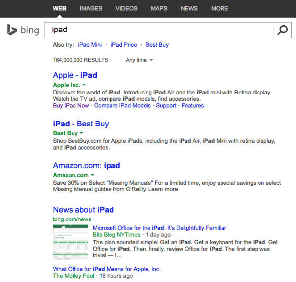 Bing SERP mit nicht unterstrichenen Hyperlinks