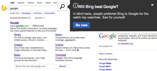 Bing zeigt bei der Suche nach Google einen Hinweis