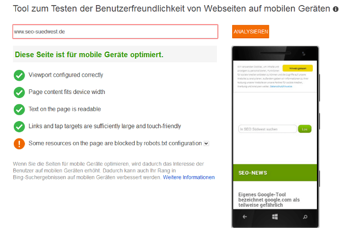Bing Mobile Friendliness Tool: Beispiel