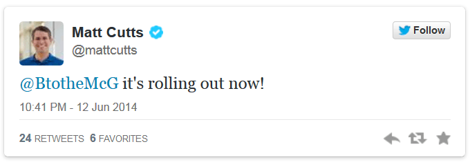 Tweet von Matt Cutts zum Rollout von Payday Loan 3.0