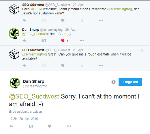 Dan Sharp von Screaming Frog auf Twitter zum Crawlen von AJAX-Seiten