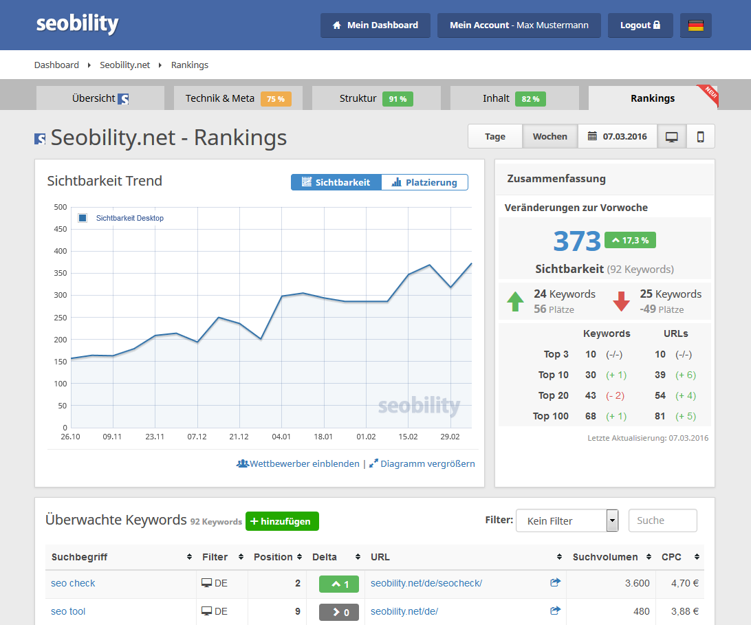 Rankings in Seobility