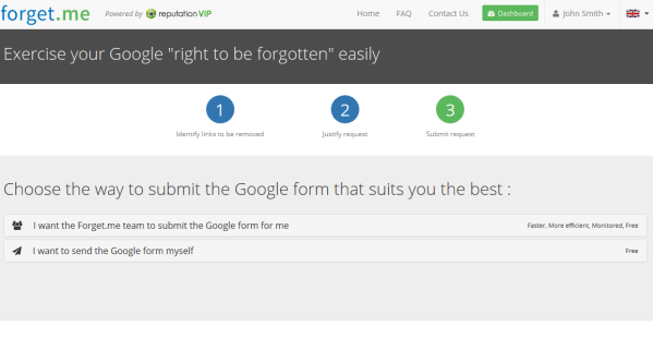 Forget.me bietet an, das Formular mit dem Löschantrag an Google zu senden
