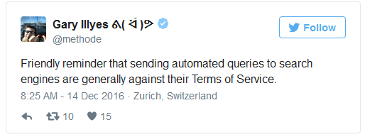 Gary Illyes auf Twitter: Automatisierte Abfragen an Suchmaschinen verstoßen gegen die Nutzungsbedingungen