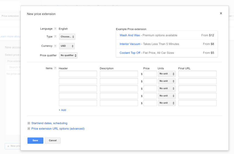 AdWords Price Extension einrichten