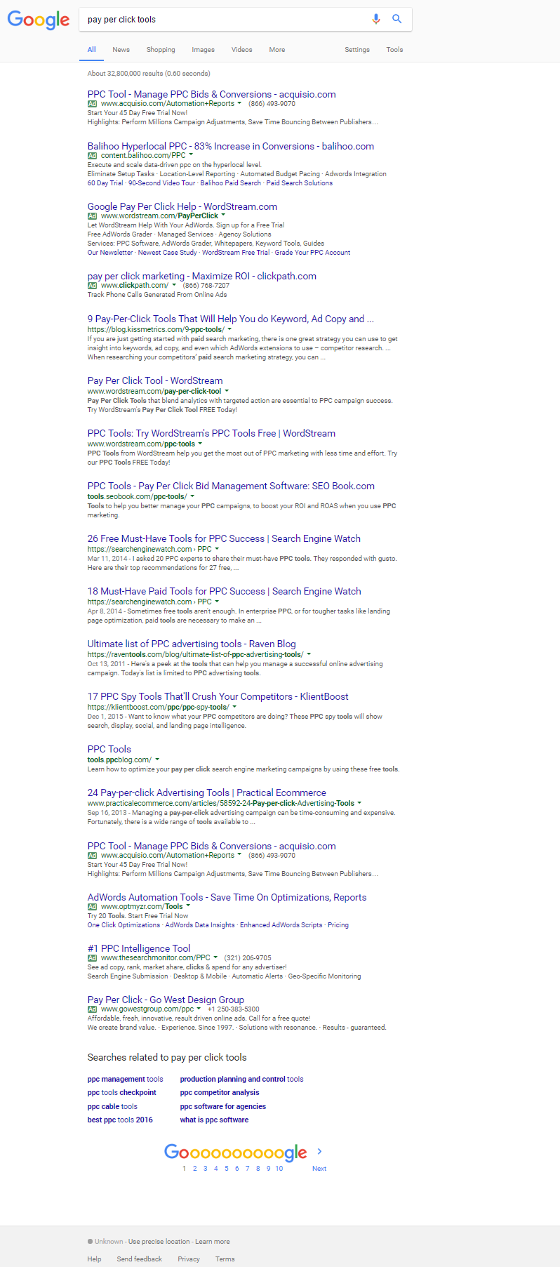 Google AdWords: vier Anzeigen oberhalb und vier Anzeigen unterhalb der organischen Suchergebnisse
