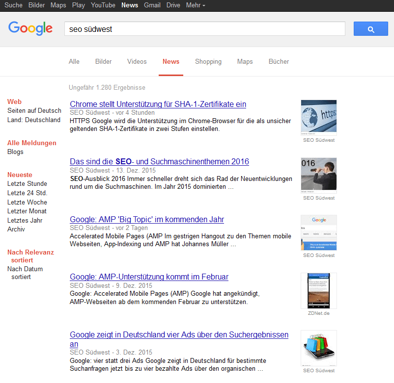 Google: News-Suche im alten Layout