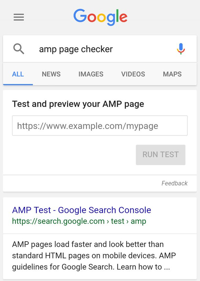 AMP-Test auf Suchergebnisseite