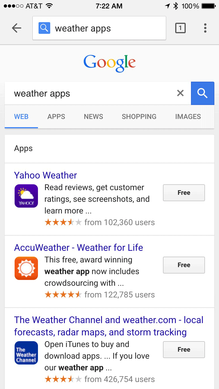 Googles bisherige App-SERP