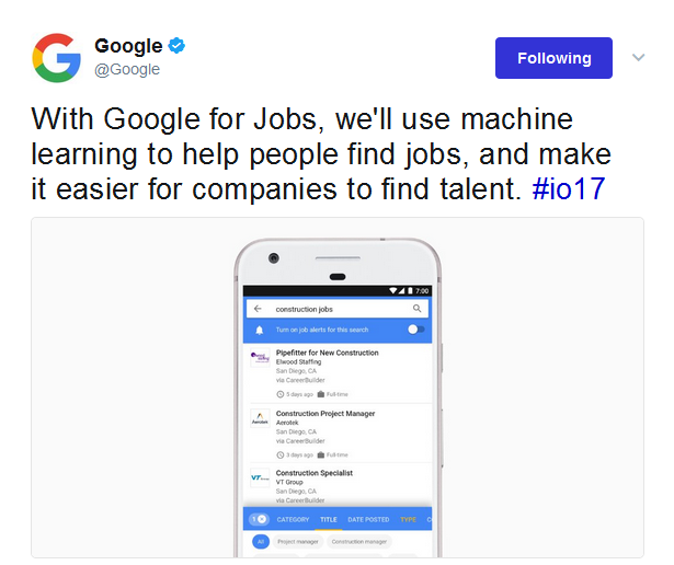 Google bestätigt auf Twitter die neue Jobsuche