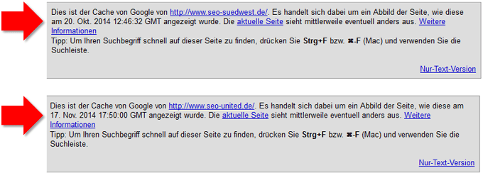 Google: Die Datümer gecachter Seiten unterscheiden sich teilweise deutlich.