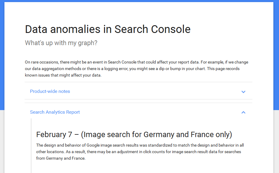 Google Data Anomalies Page