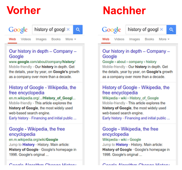 Google ersetzt URLs durch Breadcrumb in der mobilen Suche