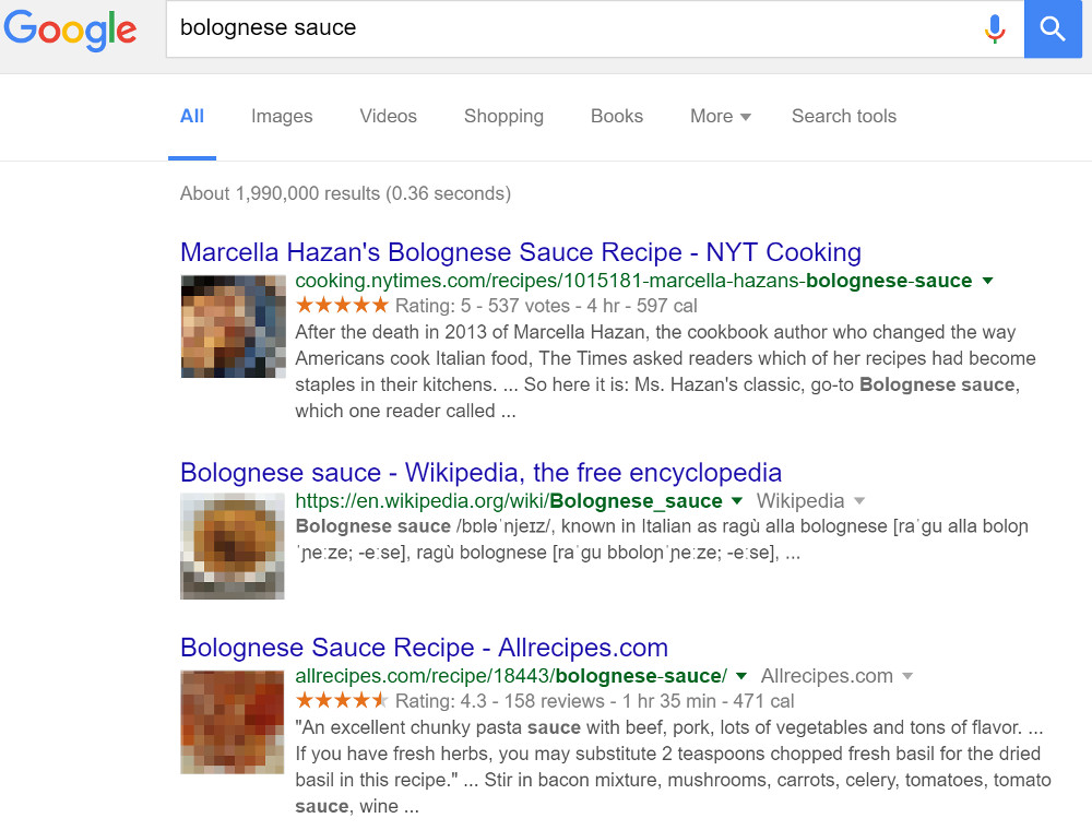 Google: Thumbnails auf SERP für Seiten über Speisen