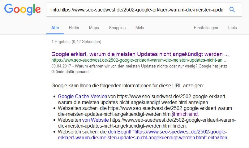 Beispiel für eine Google-Suche mit Info-Operator