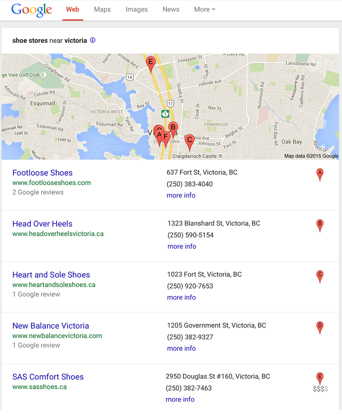 Google: alte Darstellung lokaler Suchergebnisse auf Tablets mit sieben Treffern