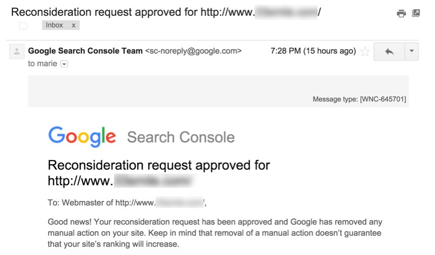 Google: neuer Mailtext bei erfolgreichem Reconsideration Request