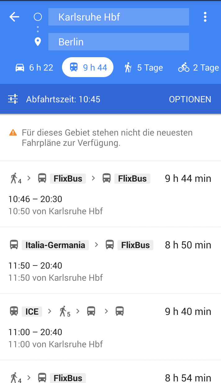 Google Maps: Auswahl von FlixBus als Verkehrsmittel