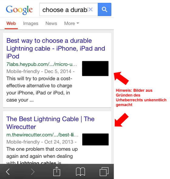 Google Suchergebnisse auf Smartphone mit Thumbnails