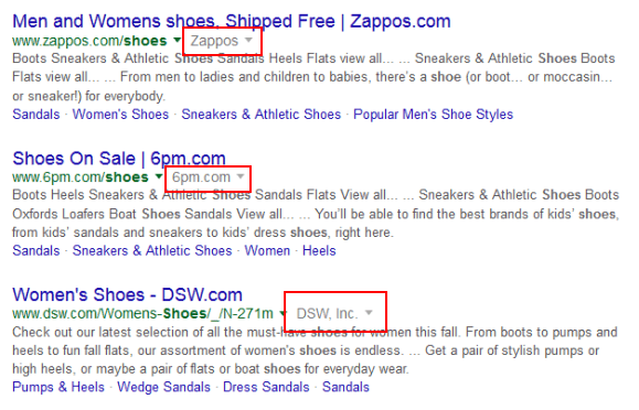 Notable Online auf der Suchergebnisseite von Google: zusätzliches Dropdown in den Snippets für Marken
