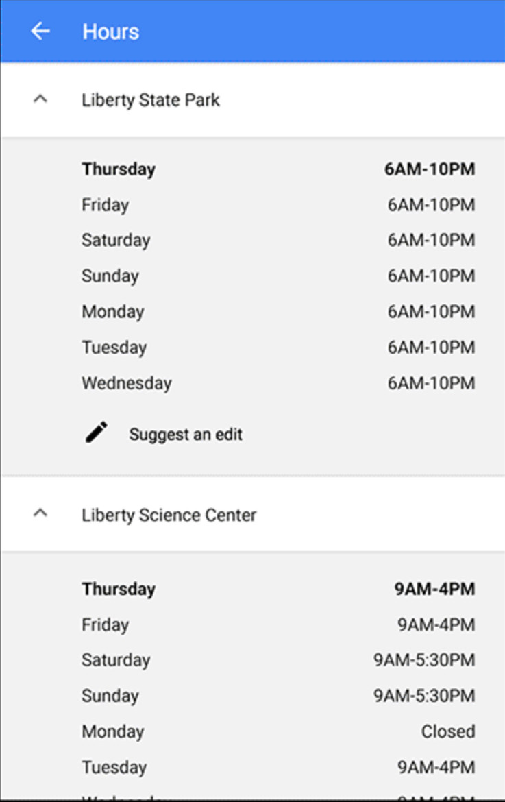 Google:Öffnungszeiten für Abteilungen