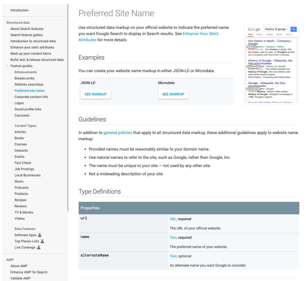 Google: Dokumentation zu 'Preferred Site Name'