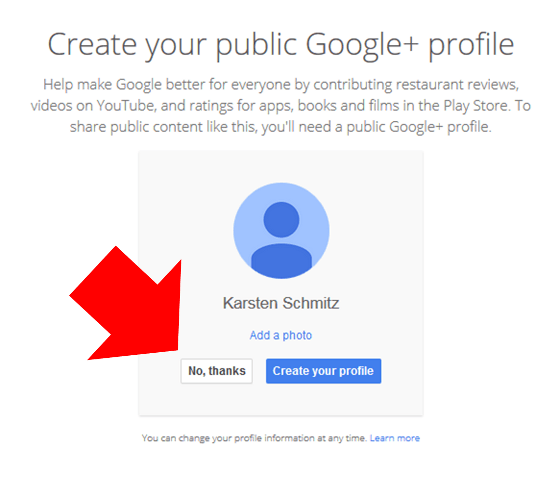 Google: bei Registrierung hat man jetzt die Wahl, ob ein Google-Plus-Profil eingerichtet werden soll