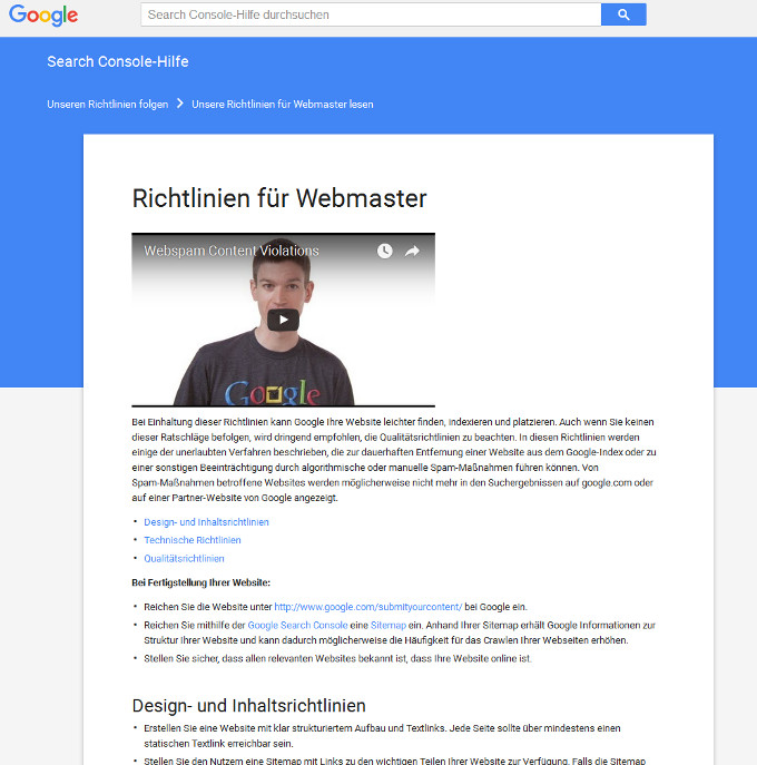 Google Richtlinien für Webmaster: alte Seite