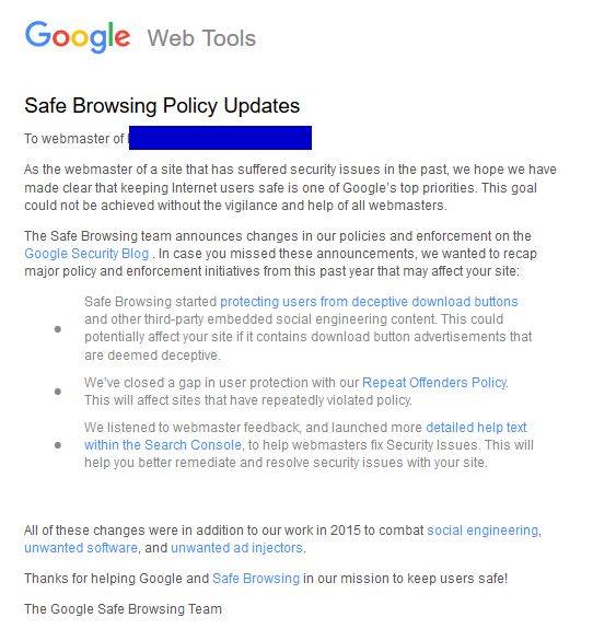 Google: Erinnerungsmail an Betreiber vormals gehackter Webseiten
