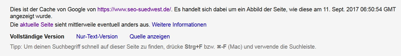 Google: Hinweis auf gecachter Seite