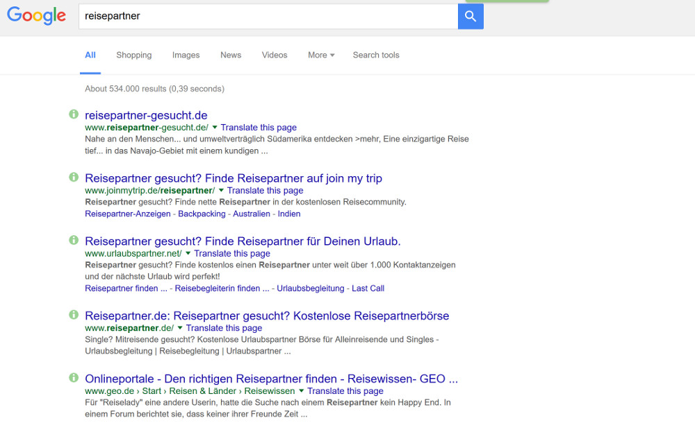 Google SERP für das Keyword "Reisepartner" - Normalversion