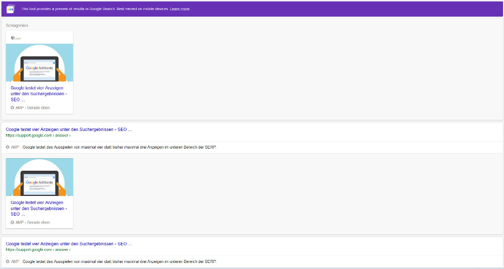 Vorschau für AMP-Seiten im Structured Data Testing Tool