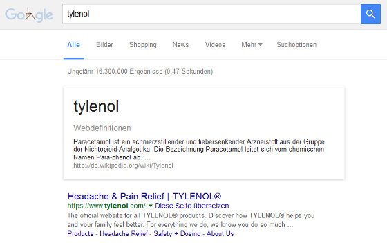 Google: Knowledge-Box nach der Suche nach einem Medikament