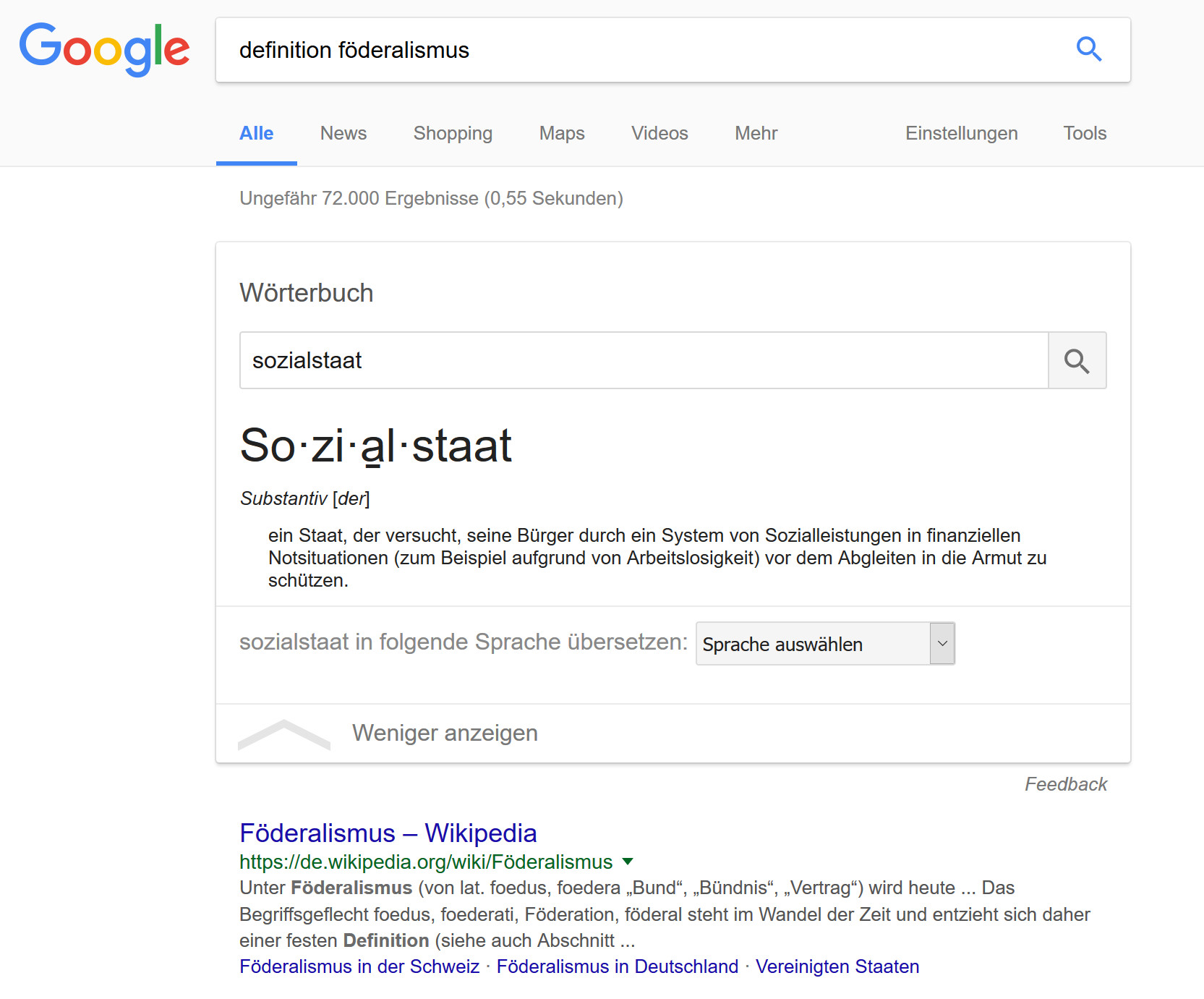 Google: Wörterbuch-Snippet Folgesuche