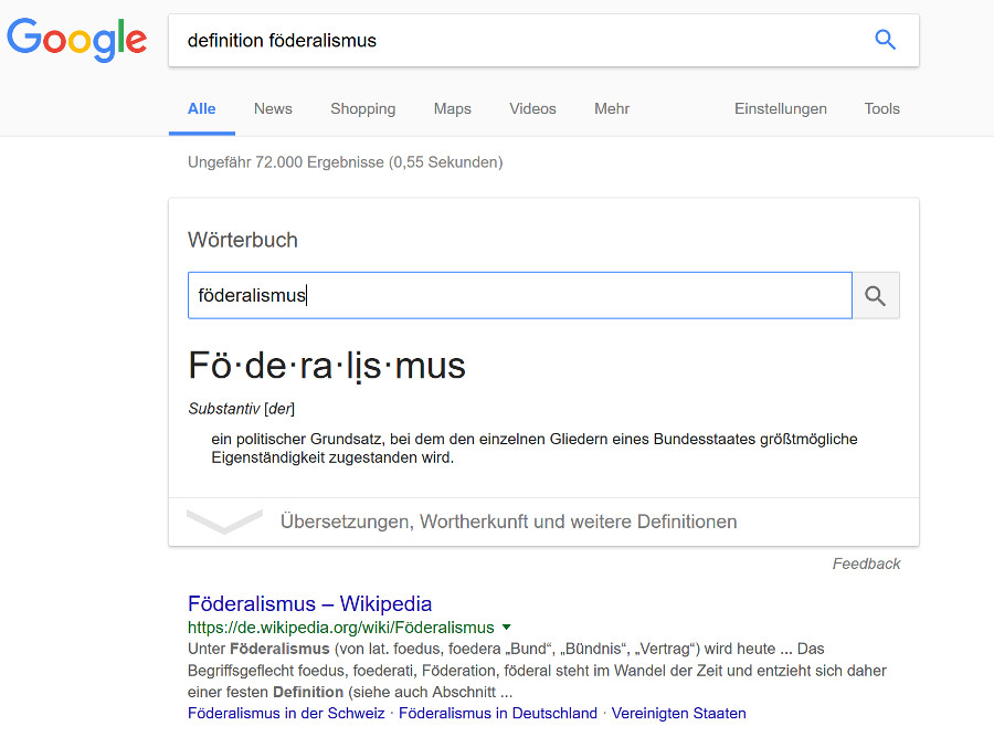 Google: Wörterbuch-Snippet mit Suchebox