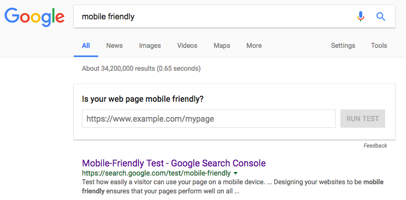 Google: Eingabebox des Mobile Friendly-Tests auf der Suchergebnisseite