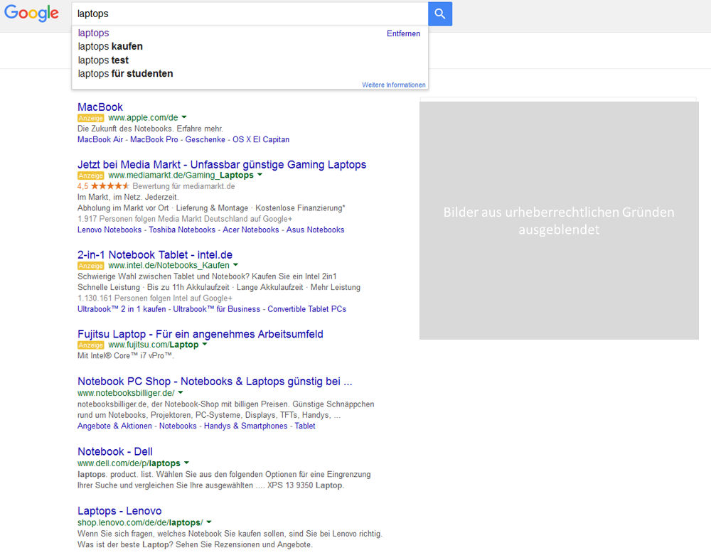 Google zeigt vier Ads - Beispiel-Suche nach "Laptops"
