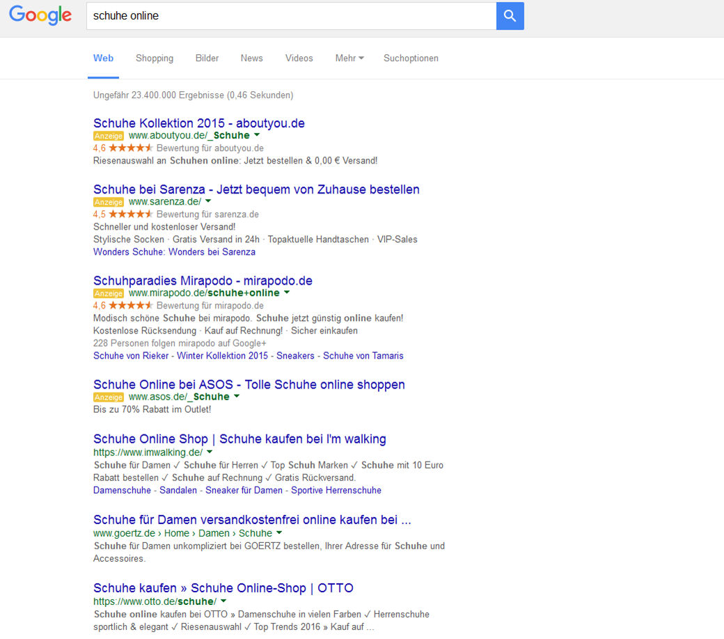 Google zeigt jetzt vier Ads an: Beispiel-Suche nach "Schuhe online"